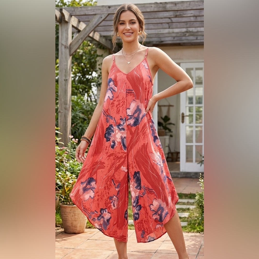 Made in Italy Gaucho Jumpsuit Lagenlook Pants Airy Flowy Floral Beach Vacation